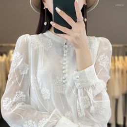 Women's Blouses Spring And Summer Long-sleeved Women's Round Neck Hollow Shirt Thin Micro-transparent Sun-proof Loose Chiffon