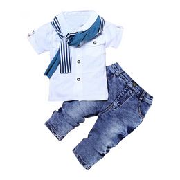 3pc/set çocuklar erkek bebek kıyafetleri gündelik beyaz tişört eşarp kot pantolon 2021 Yaz çocuk çocukları için çocuk çocukları 2 3 4 5 6 yıl