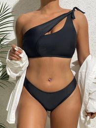 Women's Swimwear Micro Bikinis 2023 Swimsuit Women Solid Black Two-pieces Bikini Set One Shoulder Push Up Bathing Suit Summer Beach