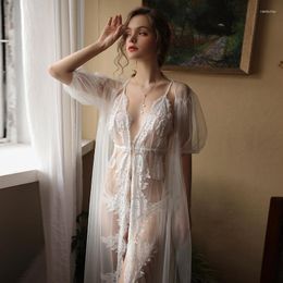 Women's Sleepwear Woman Deep V Neck Mesh Perspective Water-soluble Embroidery Lace Suspender Dress Robe Bathrobe Home Suit Transparent Gauze
