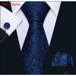 Fast Mens Ties 100% Silk Designers Fashion Navy Blue Floral Tie Hanky Cufflinks Sets For Mens Formal Wedding Party Groom 254O