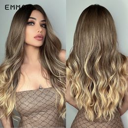 Synthetic Long Water Wave Hair Wigs Natural Ombre Dark Brown to Blonde Wigs for Women Cosplay Heat Resistant Fibre Wigfactory
