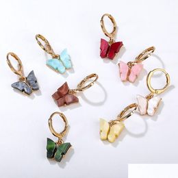 Stud Shiny Crystal Butterfly Hoop Earrings For Women Gold Resin Cute Animals Fashion Statement Jewellery Drop Delivery Dhpk7