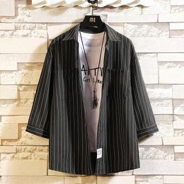Men's Casual Shirts #7149 Spring Summer Vertical Striped For Men Three Quarter Sleeve Formal Shirt Lapel Collar Japanese Style M-5XL