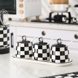 Storage Bottles Ceramic Chessboard Seasoning Household Kitchen Spice Box Restaurant Sugar Salt Pepper Combination Set