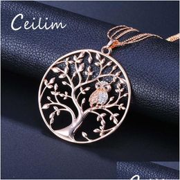 Pendant Necklaces Tree Of Life Owl Necklace Long Hollow Chain Rose Gold/Sier Colour Fashion Jewellery Gift For Women Drop Delivery Penda Dh7Y2