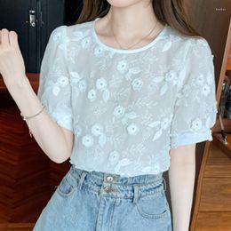 Women's Blouses 2023 Summer Short Sleeve Embroidered Shirt Flower Lace Blouse White Chiffon Woman Women Elegant Ladies Casual O Neck Tops