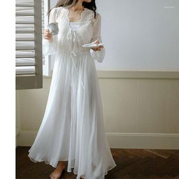 Women's Sleepwear Women White Long Morning Robe Princess Two-Pieces Lace Nightgown Gauze Full Sleeve Nightdress Lining Spaghetti Strap