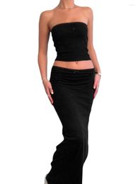 Two Piece Dress Women Strapless Maxi Skirt Set Y2k 2 Bodycon Crop Tube Top Long Skirts Outfits Sexy Summer Beach Wear(J-Black M)