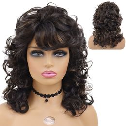 Synthetic Long Curly Wigs with Bangs Brown Wig Highlights African American Wig Curly Wave Heat Resistant Wigs for Womenfactory