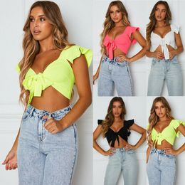 Womens Blouses Shirts Sexy Women Solid Blouse Fly Sleeve Bow Tie Up Crop Tops Summer Front Knot Skinny Ladies Slim Clubwear 230609