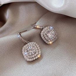 Dangle Earrings Full Bling Austrian Crystal Zircon Diamonds Gemstones Square Drop For Women 18k White Gold Filled Jewelry Bijoux Gifts