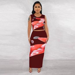 Work Dresses Felyn 2023 High Quality Design 2 Pcs Women Set Print O-neck T-shirt Midi Dress Summer Casual Outfits