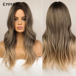 Synthetic Wigs for Women Long Wavy Ombre Light Brown Blonde Middle Part Cosplay Wigs Fake Hair Heat Resistant Fiber Wigsfactory