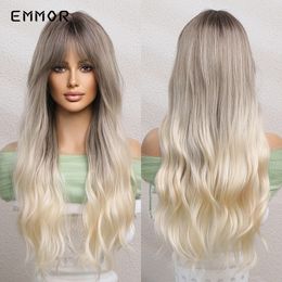 Synthetic Long Wavy Ombre Brown to Light Blonde Wigs with Bangs for Women Cosplay Natural Hair Wig High Temperature Fiberfactory direct