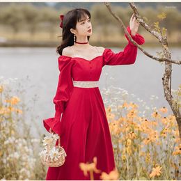 Casual Dresses Autumn Gentle Retro Red Beaded Sexy Chic Sweet Princess Dress High Waist Lace Hollow Trumpet Sleeve Square Neck Fairy