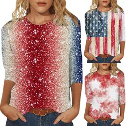 Women's T Shirts Independence Day Summer Women's Round Neck Seven Sleeve Shirt American Flag Star Print Fitted Casual Soft Boy Sock