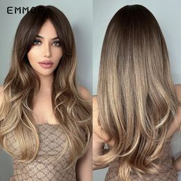 Synthetic Wig Ombre Black to Blonde Wavy Hair Wigs for Women Cosplay Heat Resistant Fibre Daily Wig with Bangsfactory direct