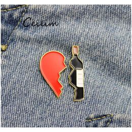 Pins Brooches Broken Heart Wine Bottle Brooch Set Enamel Metal Pins For Jackets Bags Gifts Drop Delivery Jewelry Dhbxx