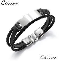Chain Custom Engraved Steel Tag Leather Bracelet Personalised Mens Womens Hand Jewellery With Braided Black Band Drop Delivery Bracelet Dhd6T