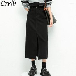 Skirts Black Denim Midi Women Solid Slit Korean Fashion Casual All-match Spring High Waist Faldas Mujer Sexy College Streetwear