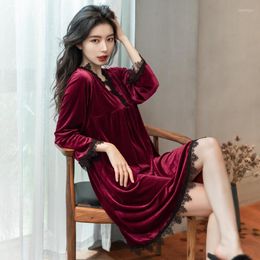 Women's Sleepwear Lisacmvpnel Golden Velvet Nightdress Women's Autumn And Winter Sexy Lace Deep V Pullover Long Sleeve Home Clothes