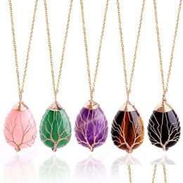 Pendant Necklaces Oval Natural Stone Necklace Jewelry Copper Line Wrapped Tree Of Life For Women Charm Drop Delivery Pendants Dh9Vd