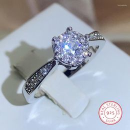 Cluster Rings Fashion Jewellery Zircon Round Wedding For Women Girl 925 Stamp Six-claw Full Of Diamond Wholesale