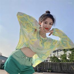 Women's T Shirts Loose Women Sun-Protection Long Sleeved Summer Tops 2023 Korean Style Mesh Letters Printed Thin Female Tees