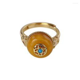 Cluster Rings 925 Sterling Silver Gold Plated Natural Amber Beeswax Old Wax Ring Retro National Trend Peace Buckle Women's Open