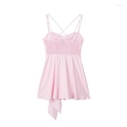 Casual Dresses Girls Y2k Pink Slim Strapless Sling Short Dress 2023 Summer Woman Solid Elastic Backless Asymmetrical Lacing Mini