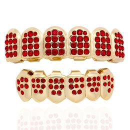 Hip Hop Rapper Full zircon vampire braces 18K Dental Teeth Grillz Gold Silver Coloured Grills Teeth Set Designer Six 6 Top Tooth Six 6 Bottom Halloween Jewellery 1309