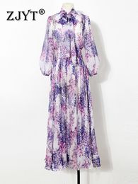 Basic Casual Dresses ZJYT Fashion Bohemian Style Purple Floral Print Maxi Chiffon Dress Women Elegant Bow Collar Long Vacation Beach Vestidos Spring 230609