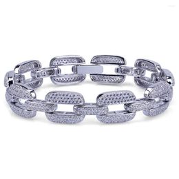 Link Bracelets 15mm CZ Zircon Paved Bling Out Geometric Flaky Flat Chain For Men Women Rapper Jewelry Gold Silver Color