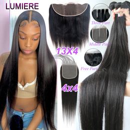 Hair Bulks 30 32 40 Inch Bone Straight Bundles With Frontal Closure Peruvian HD Lace Closures Weave 230609