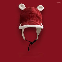 Ball Caps Christmas Red Corduroy Bomber Baseball Hat Women's Winter Ins Lovely Ears Thicken Warm Plush Flying Cap Korean