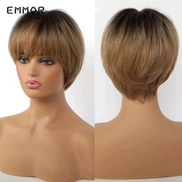 Short Ombre Black to Brown Layered Hair Wigs for Women Natural Synthetic Wigs with Bangs Heat Resistant Synthetic Wigsfactory direct