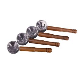 Natural Wood Thick Glass Glass Pipes Portable Handle Dry Herb Tobacco Filter Spoon Bowl Handpipes Innovative Smoking Tips Cigarette Holder Hand Wooden Tube