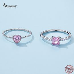 Wedding Rings Fashion Pink Heart CZ Ring for Women 100% 925 Sterling Silver Square Luxury Jewelry Present GAR191 230609