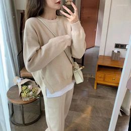 Women's Two Piece Pants Women's Sporty 2 Sets Oversized Solid O-Neck Split Hem Knitted Pullover Sweaters Drawstring Leggings Autumn
