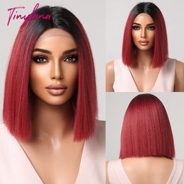 Lace Wigs Short Straight Bob Synthetic Burgundy Red with Black Root Transparent T Part Wig Cosplay Africa Women's 230609