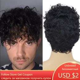Curly Wig Black Short Hair Wig with Bangs Jet Jack Wig Man Guy Toupee Cosplay Male Wigs for Men Halloween Costume Wigfactory di