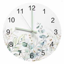 Wall Clocks Watercolour Eucalyptus Leaves Abstract Art Plant Luminous Pointer Clock Home Ornaments Round Silent Living Room Decor