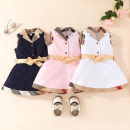 Cute Baby Girls Plaid Dresses Cotton Newborn Sleeveless Vest Dress With Bowknot Turn-Down Collar Infant Princess Dresses Toddler Skirts Girl Skirt