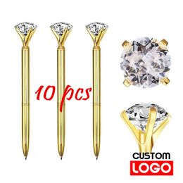 Ballpoint Pens 10pcs/batch of Large Crystal Diamond Metal Ballpoint Pen Custom Engraving Text Ring Wedding Office Gift Black Blue Ink 230609