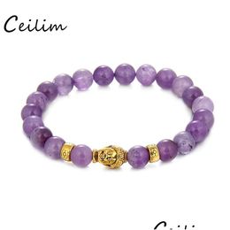Chain 8 Mm Round Beads Bracelet Gold Buddha Natural Amethysts Purple Quartz Stone For Women Stretch Energy New Drop Delivery Jewellery Dhs4Z