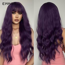 Synthetic Long Ombre Black to purple Wigs for Women with Bangs Long Wavy Wig Party Daily Heat Resistant Fibre Hair Wigsfactory