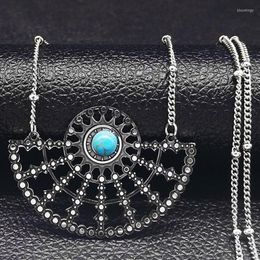 Pendant Necklaces Bohemia Sector Flower Of Life Blue Stone Stainless Steel Necklace Women/Men Boho Jewellery Bijoux Acier Inoxydable N3600