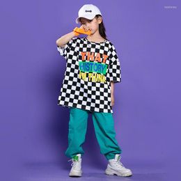 Stage Wear Kids Hip Hop Clothing Checkered Oversized T Shirt Top Or Blue Pants For Girls Boys Jazz Dance Costume Dancing Clothes