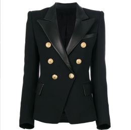 2023 Premium New Style Top Quality Blazers Original Design Women's Double-Breasted Slim Jacket Metal Buckles Blazer Black Leather Collar Outwear Size chart